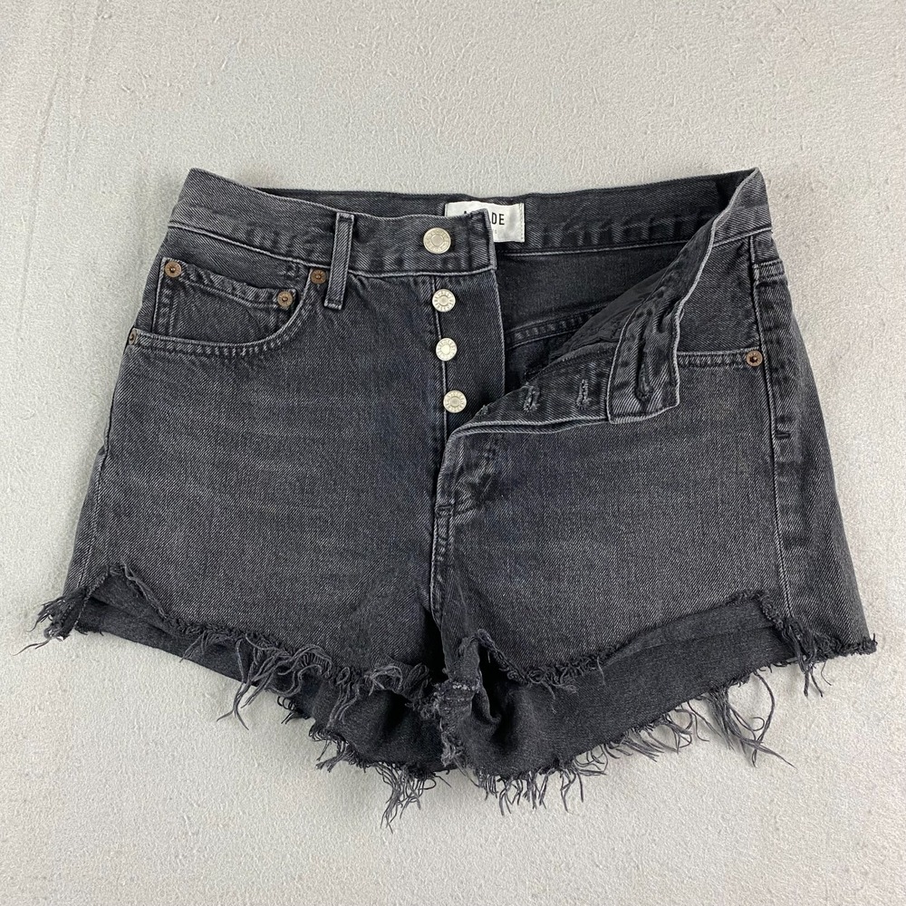 AGOLDE Womens Parker Shorts 25 Distressed Black Denim Cut Offs raw Button Fly